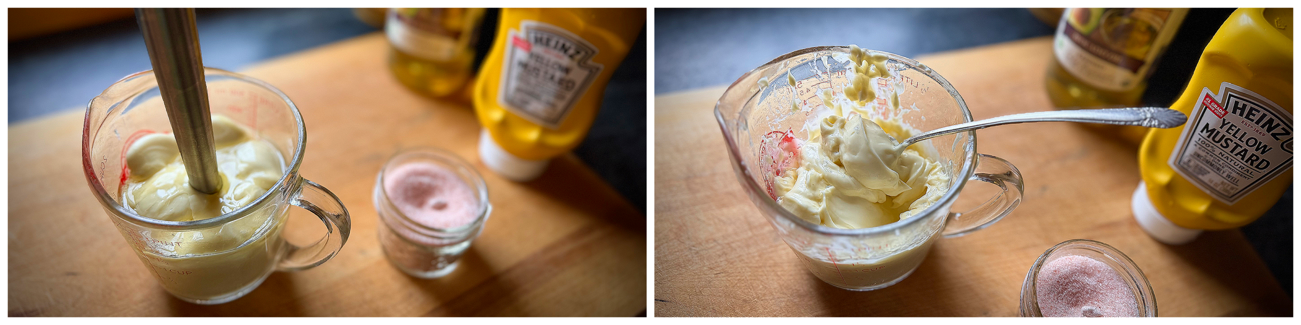immersion blender making thick homemade mayonnaise in glass measuring cup with spoon