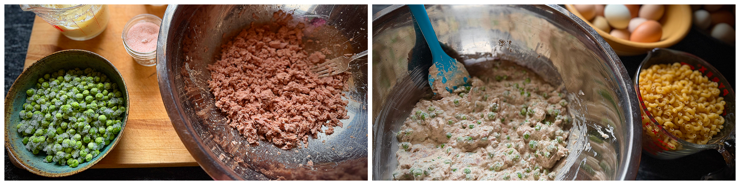 tuna macaroni salad being prepared with peas, tuna, and mayonnaise