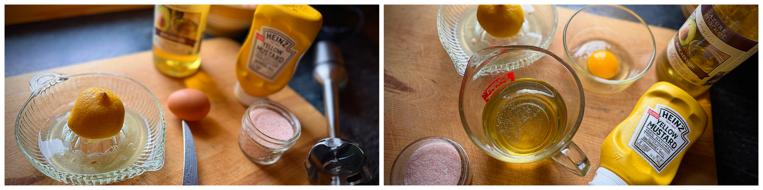 ingredients for homemade mayonnaise including egg, lemon, avocado oil, and immersion blender on wooden board
