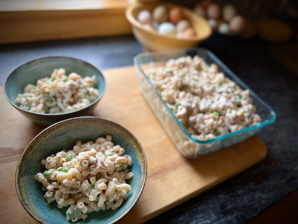 tuna macaroni salad made with homemade mayonnaise and peas