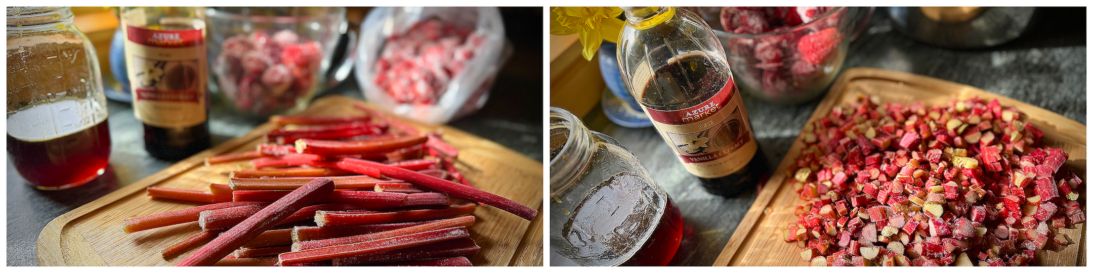 Chopped rhubarb on a wooden cutting board with strawberries, maple syrup, and vanilla in a homestead kitchen