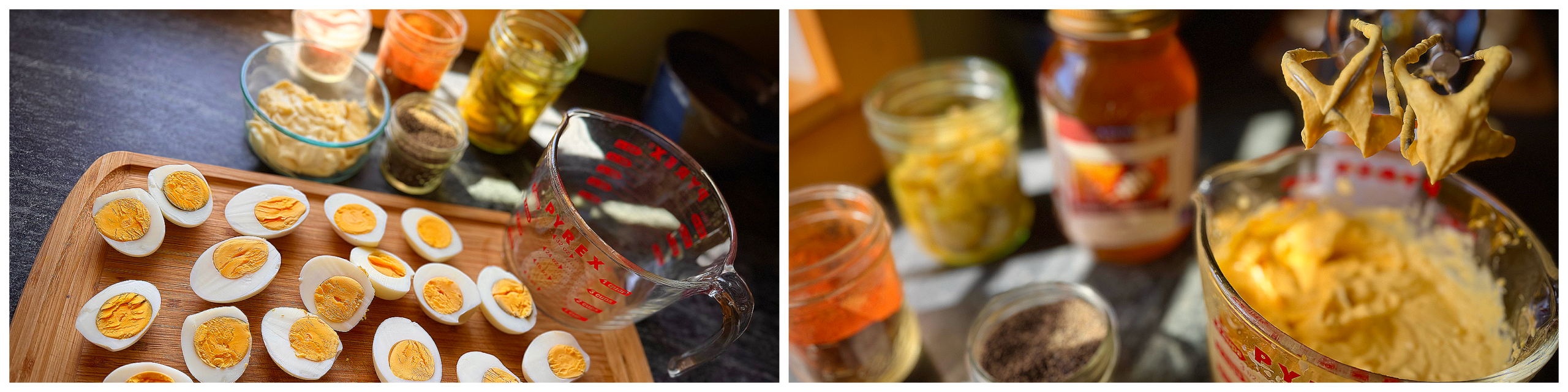 Halved hard cooked eggs, homemade mayonnaise, pickles, paprika, and creamy deviled egg filling being mixed in a glass measuring cup for simple homemade deviled eggs.