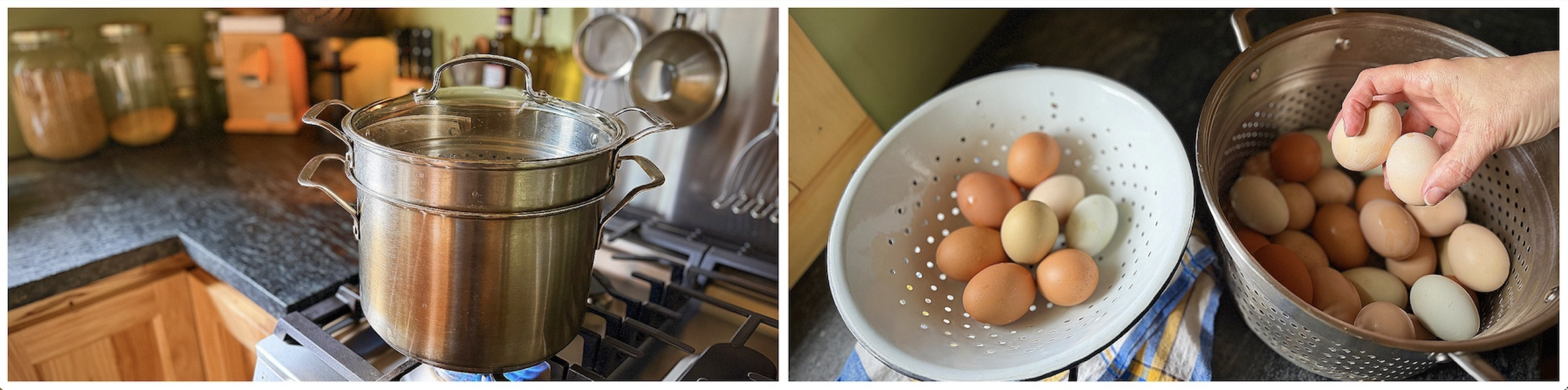 Preparing farm fresh eggs in a steamer pot for easy-peel hard boiled eggs