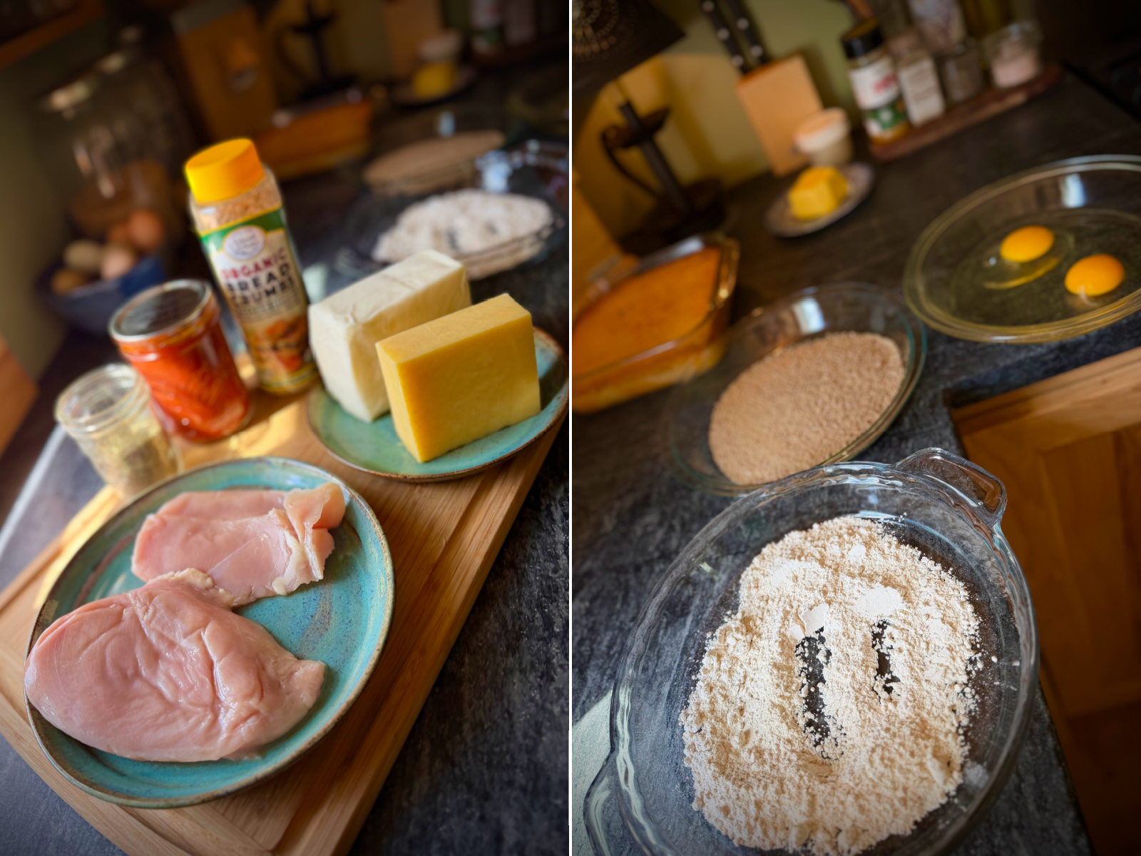 Chicken parmesan ingredients arranged on a kitchen counter, with chicken breasts, cheeses, marinara sauce, flour, eggs, and seasoned breadcrumbs ready for breading.