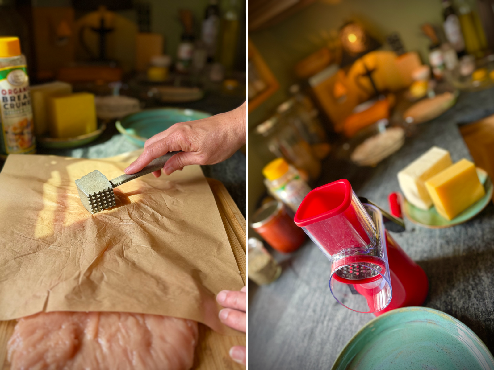 Preparing chicken parmesan by pounding chicken cutlets and setting out ingredients, cheese, and breading supplies on a kitchen counter.