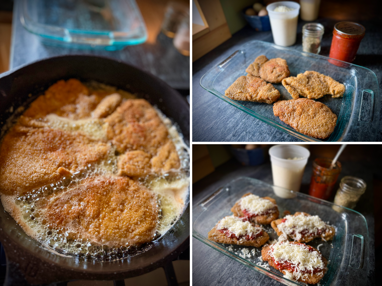 Breaded chicken cutlets frying in a skillet and resting in a baking dish before being topped with marinara sauce and mozzarella cheese.