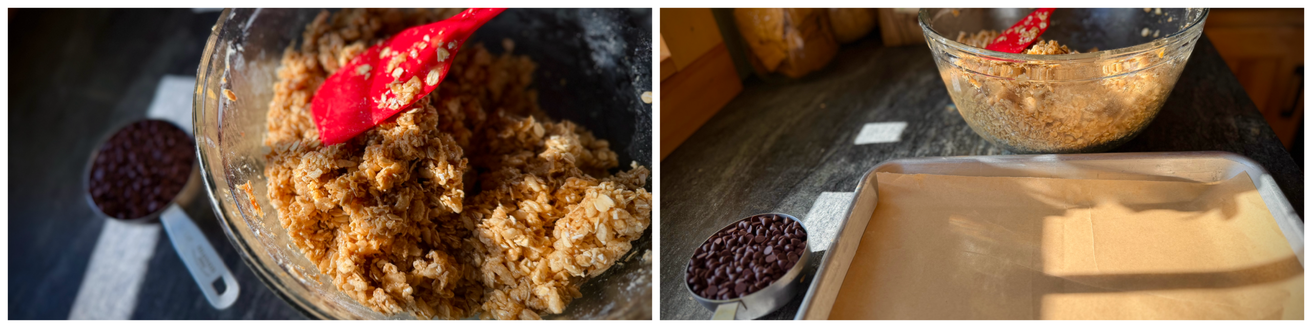 Chewy chocolate chip granola bar mixture ready to be pressed into a parchment-lined baking pan and topped with mini chocolate chips.