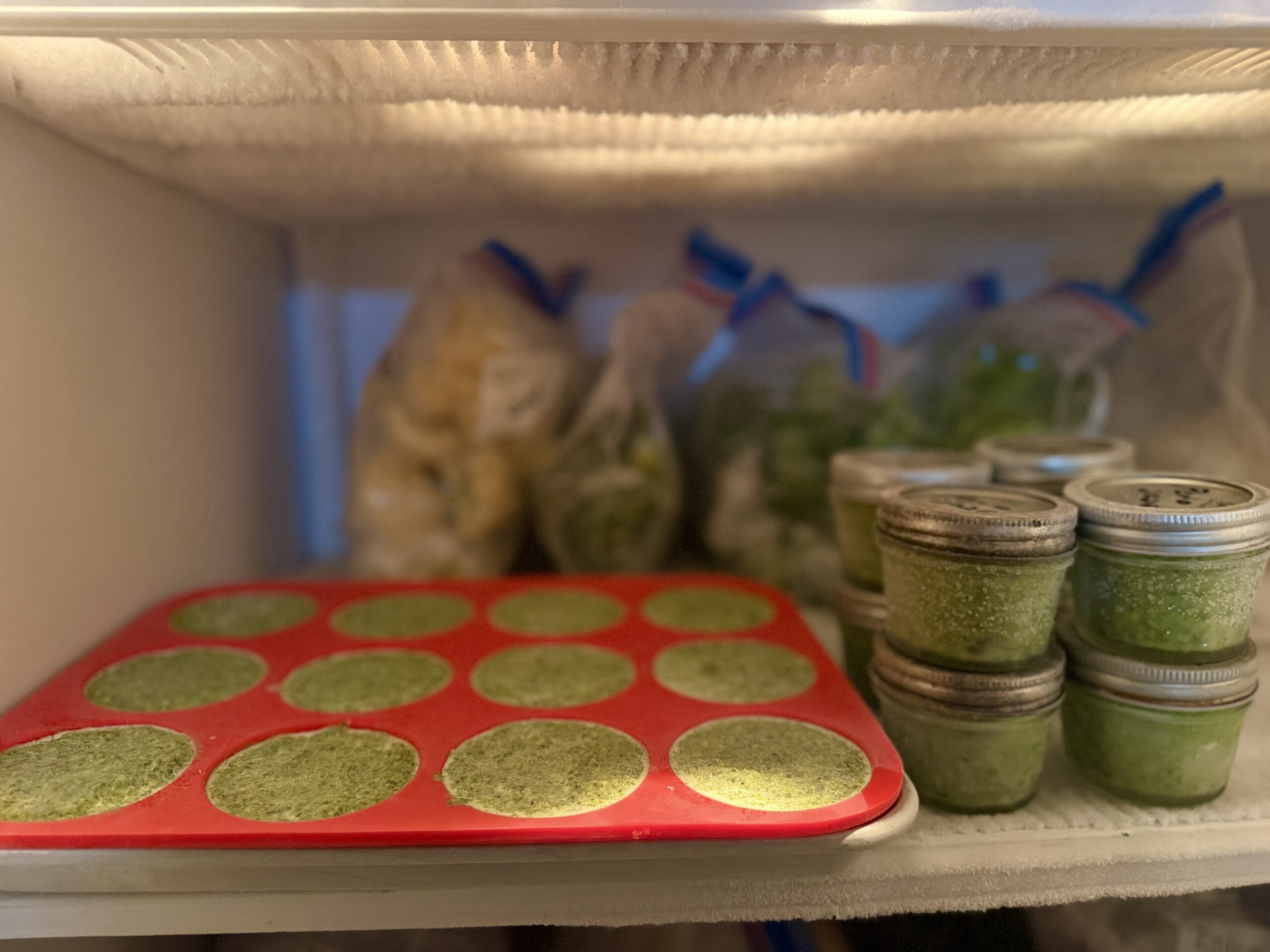 Homemade basil pesto frozen in small glass jars and silicone freezer trays for long-term storage.
