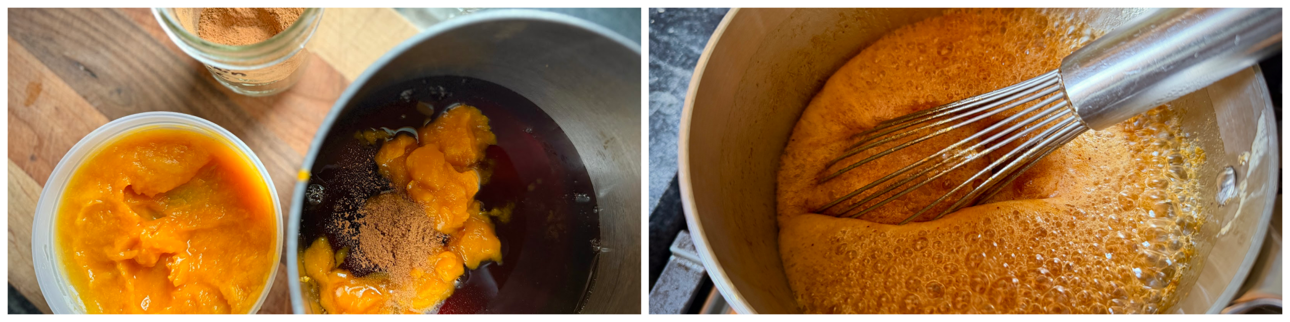Pumpkin puree, maple syrup, and pumpkin pie spice simmering together in a saucepan