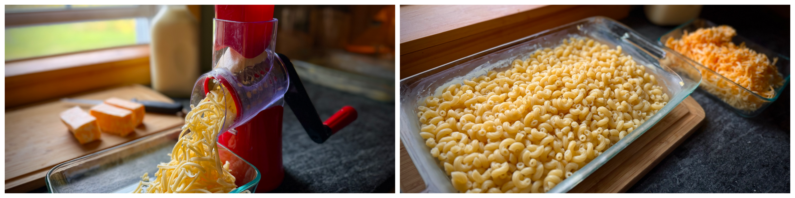 Freshly grated cheese and cooked macaroni for classic farmhouse macaroni and cheese