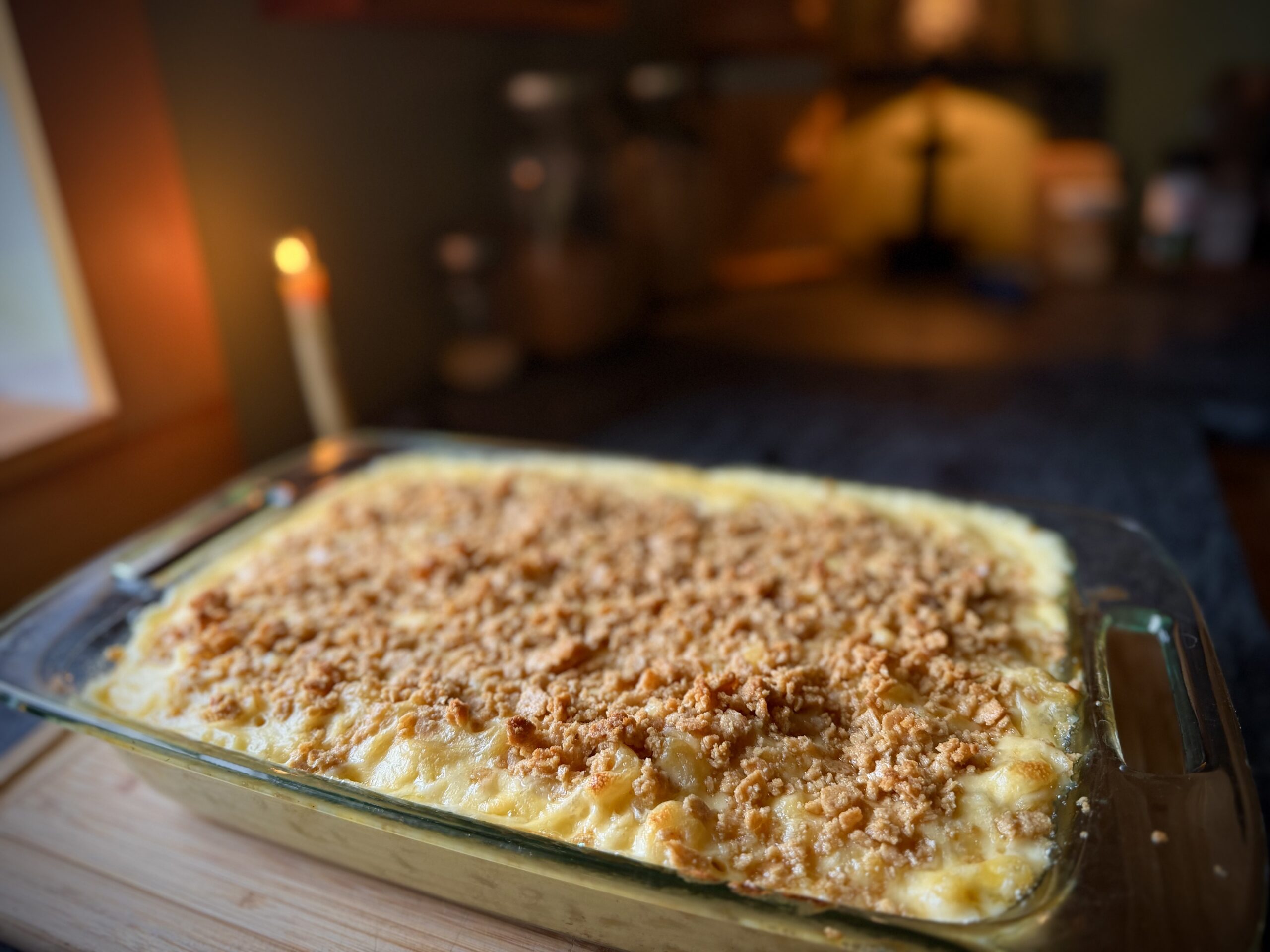 Classic farmhouse macaroni and cheese baked with a golden buttery cracker topping