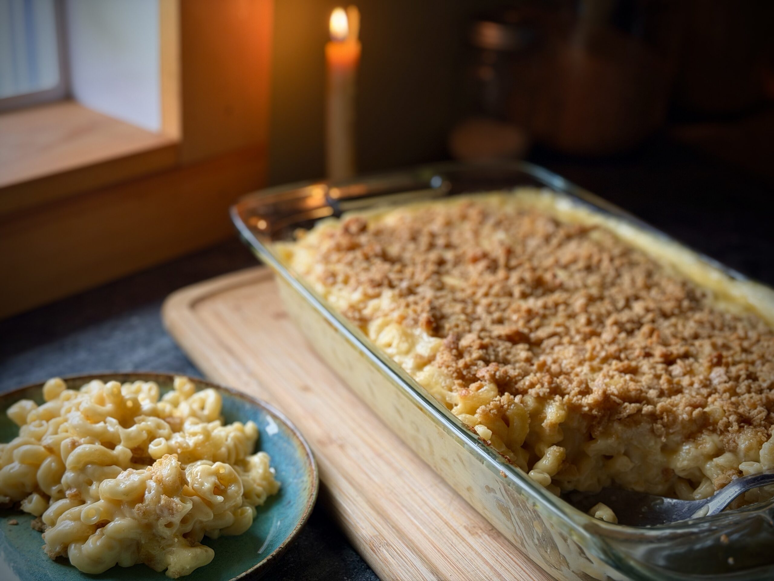 Classic farmhouse macaroni and cheese with cheddar, Gruyère, and a buttery cracker topping