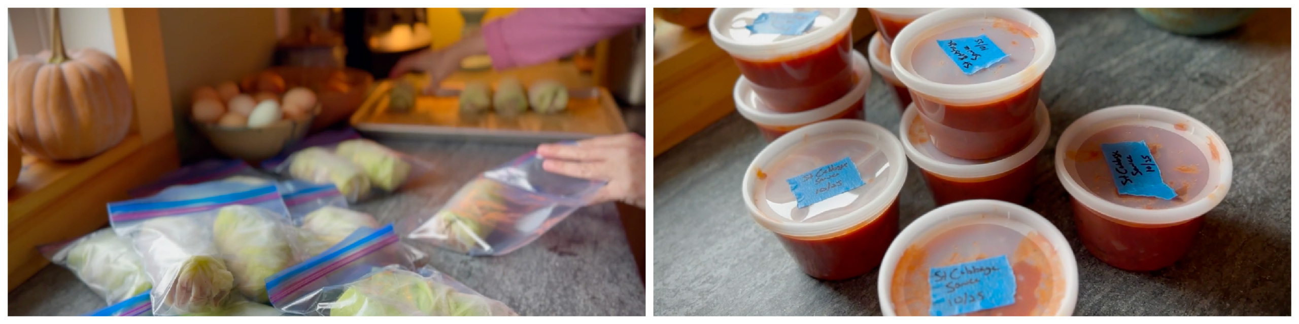 Homemade stuffed cabbage rolls packed into freezer bags, alongside individual containers of tomato sauce labeled and ready for freezing.