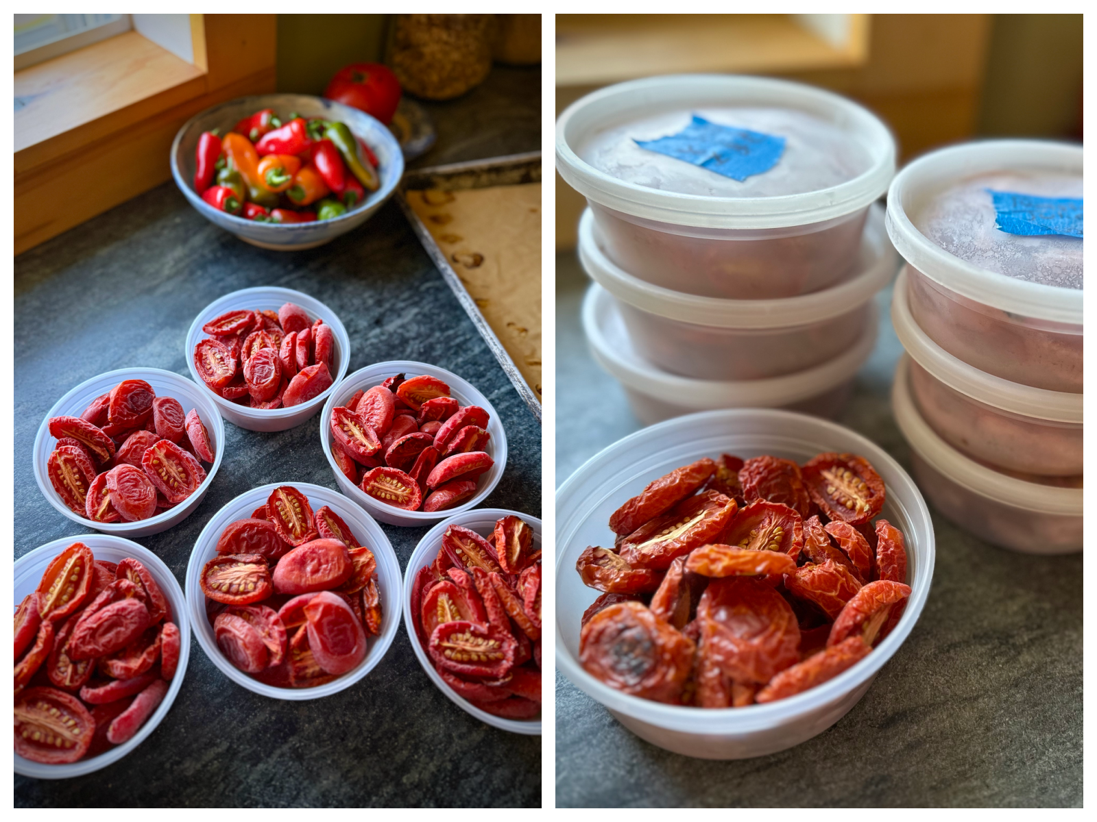 Oven-roasted Juliet tomatoes portioned into small freezer containers, with filled and labeled containers stacked for winter storage.